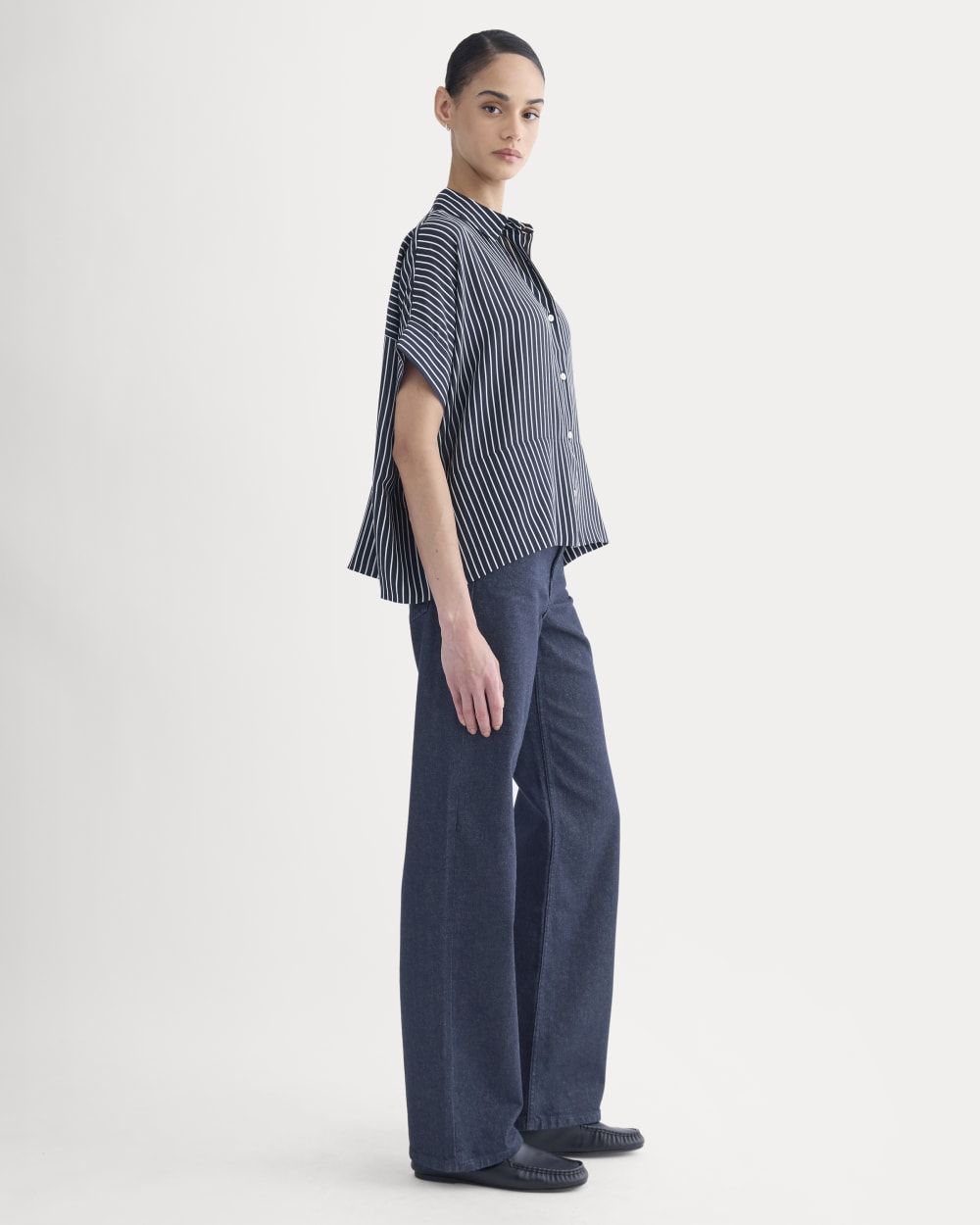 The Boxy Shirt in Washable Silk | True Navy / Bone Stripe