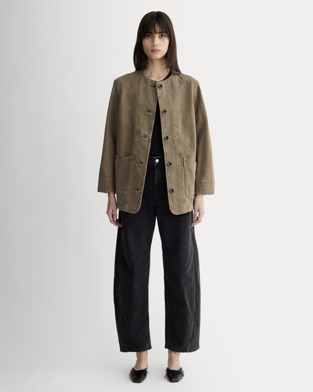 The Long Denim Barrel Jacket | Garment-Dyed Chocolate