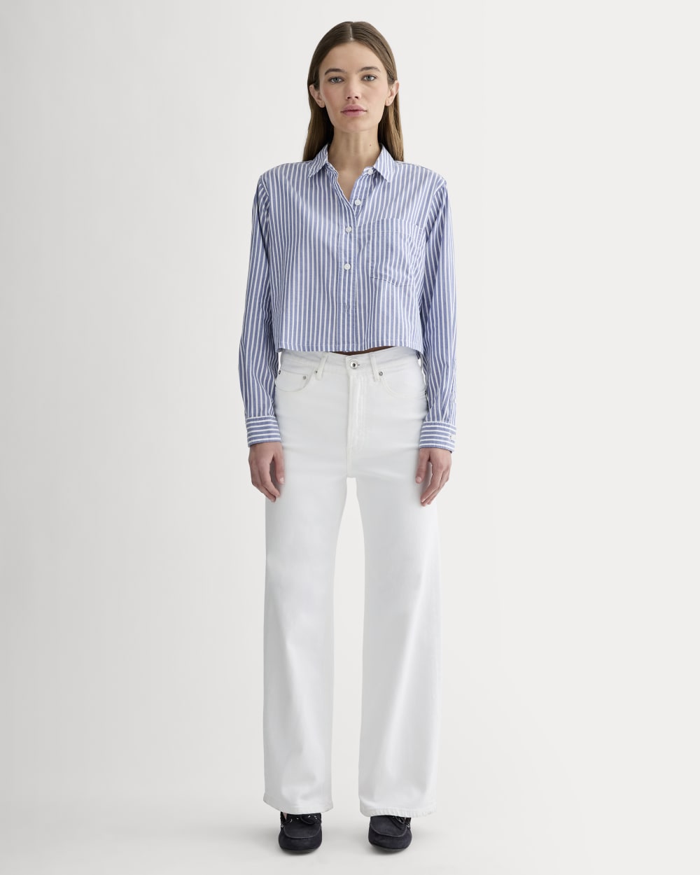 The Way-Short Shirt in Silky Cotton | Bone / Mazarine Blue