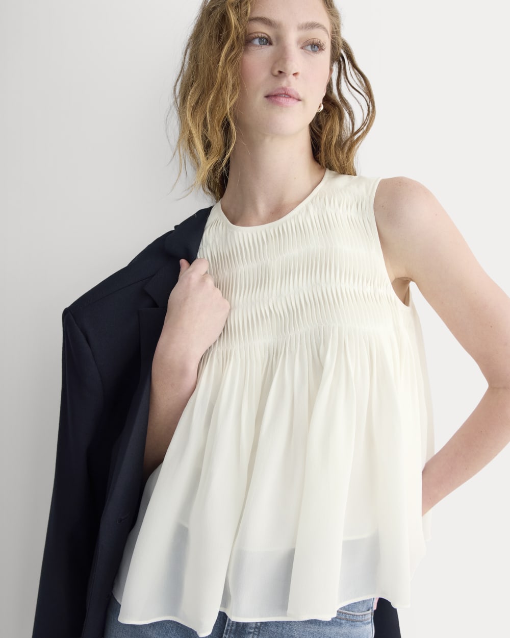 Twisted Pleat Tank in Silk Georgette | Bone